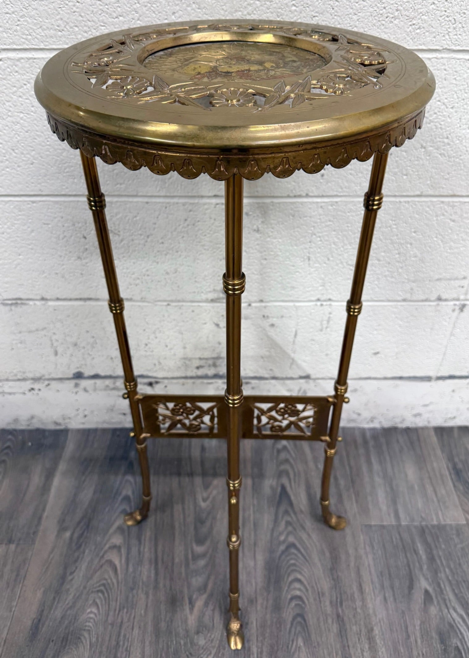 Vintage Hollywood Regency Chinoiserie Style Brass Plant Stand Accent Table