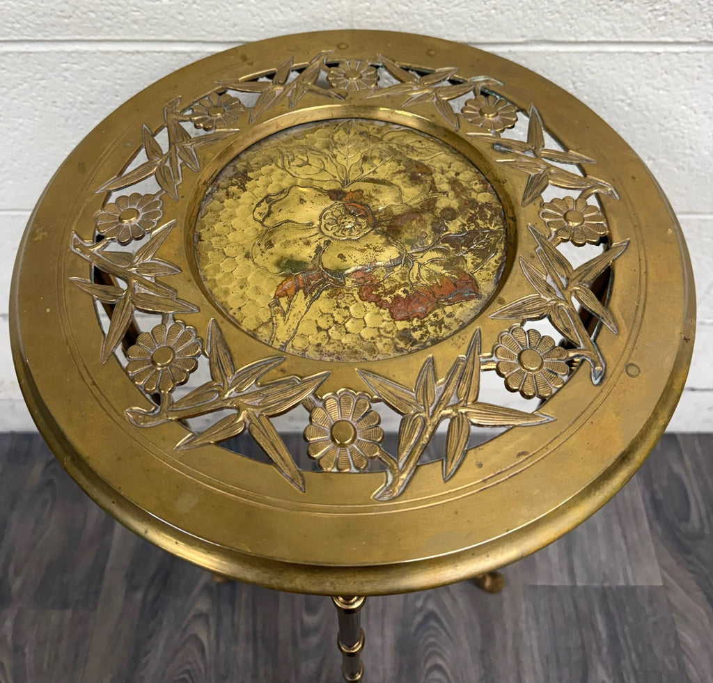 Vintage Hollywood Regency Chinoiserie Style Brass Plant Stand Accent Table