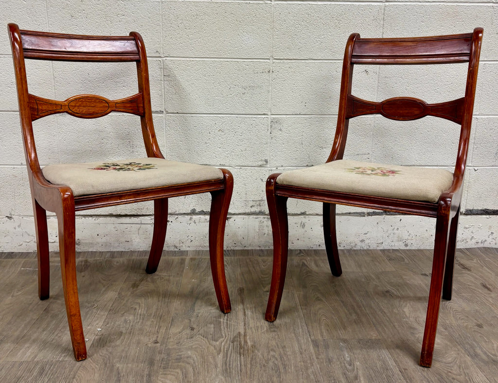 Antique Regency / Duncan Phyfe Style Floral Needlepoint Dining Chairs - Pair