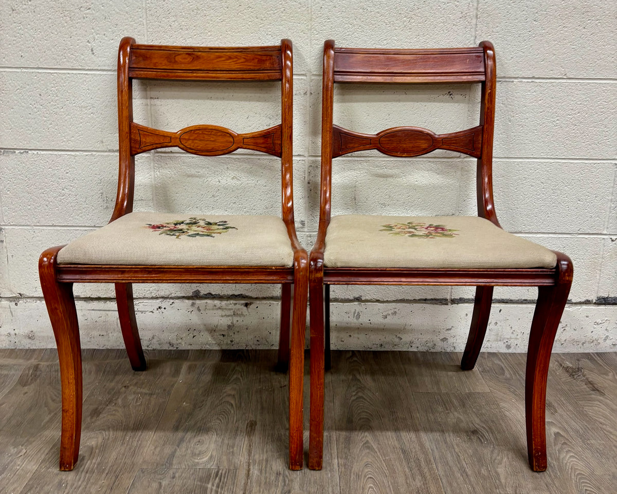 Antique Regency / Duncan Phyfe Style Floral Needlepoint Dining Chairs - Pair
