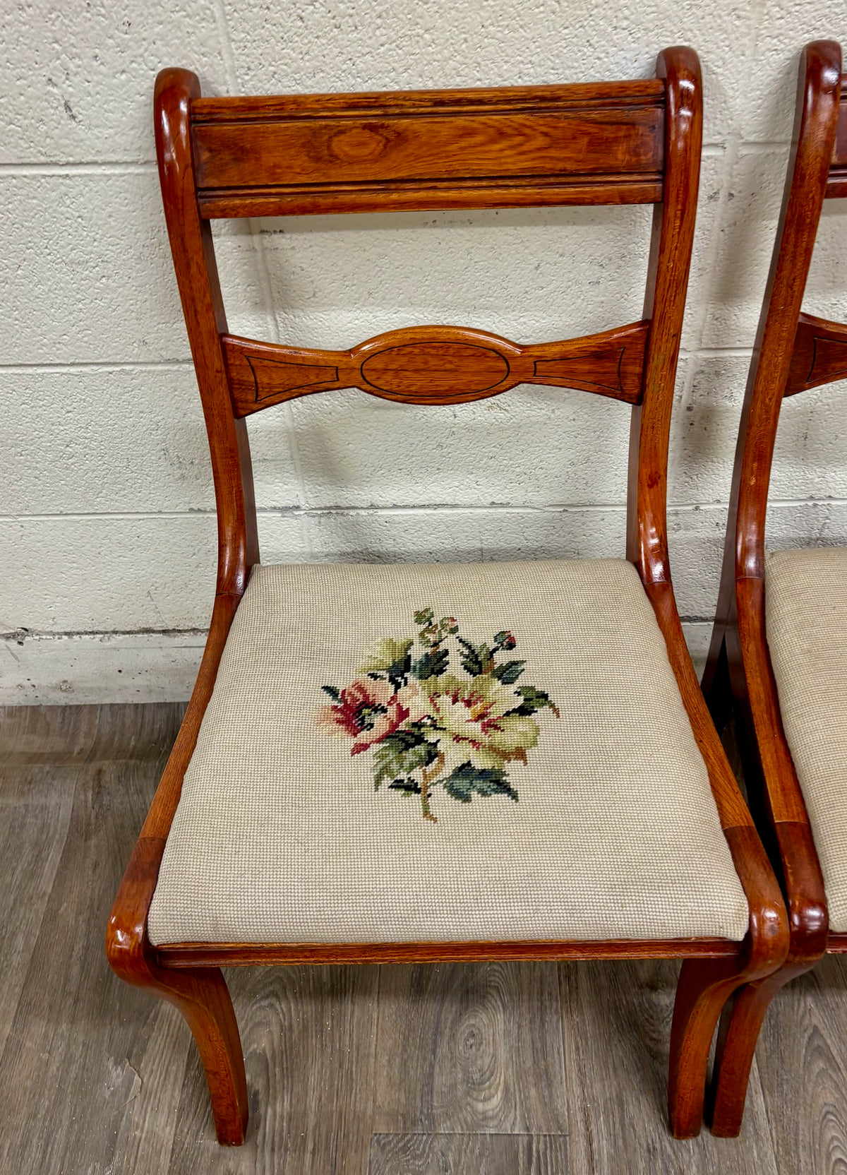 Antique Regency / Duncan Phyfe Style Floral Needlepoint Dining Chairs - Pair