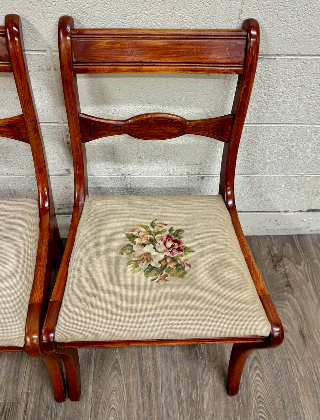 Antique Regency / Duncan Phyfe Style Floral Needlepoint Dining Chairs - Pair