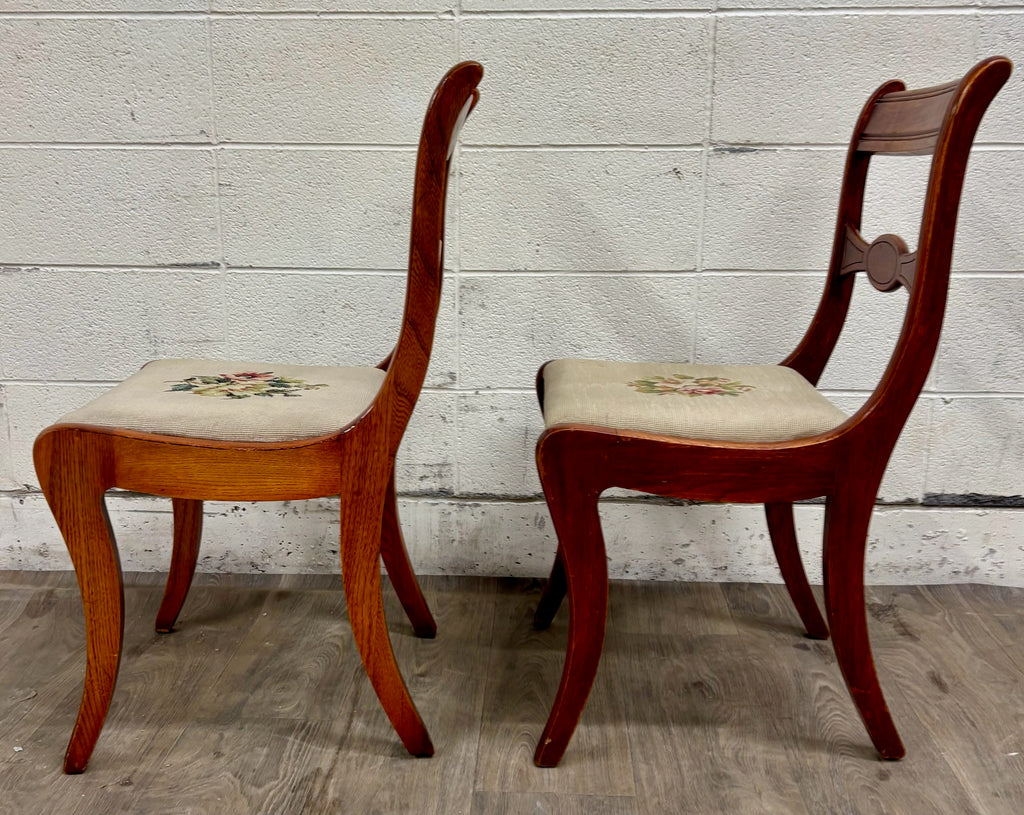 Antique Regency / Duncan Phyfe Style Floral Needlepoint Dining Chairs - Pair