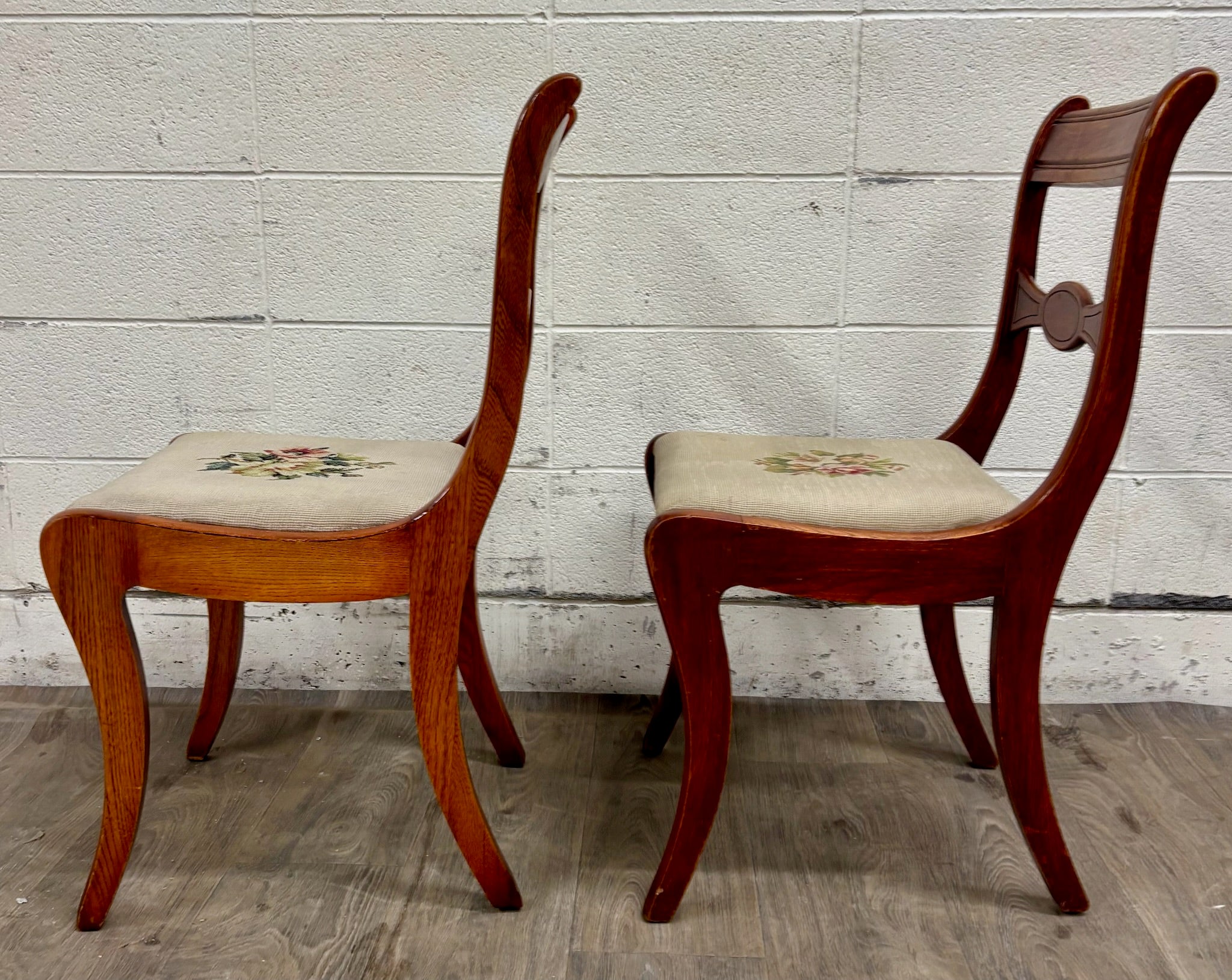 Antique Regency / Duncan Phyfe Style Floral Needlepoint Dining Chairs - Pair
