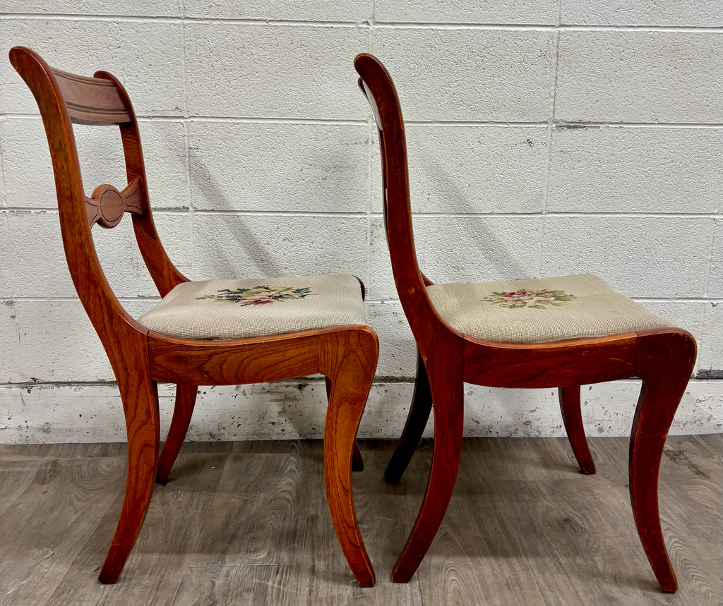 Antique Regency / Duncan Phyfe Style Floral Needlepoint Dining Chairs - Pair