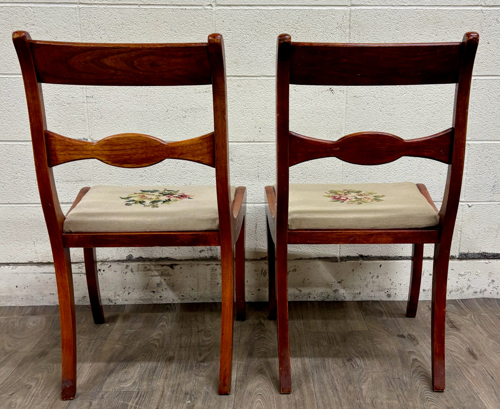 Antique Regency / Duncan Phyfe Style Floral Needlepoint Dining Chairs - Pair