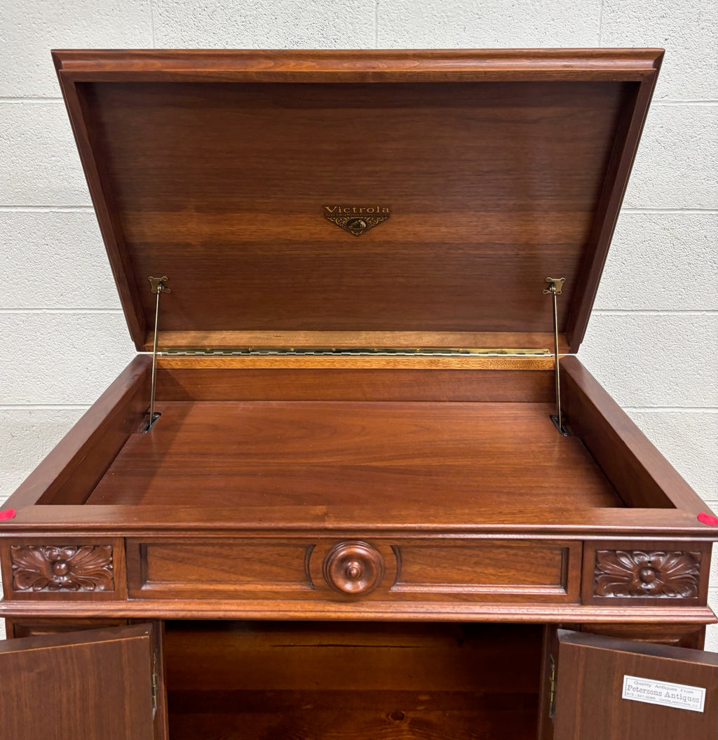 Antique Victor Victrola Orthophonic Floral Carved Walnut Credenza Cabinet