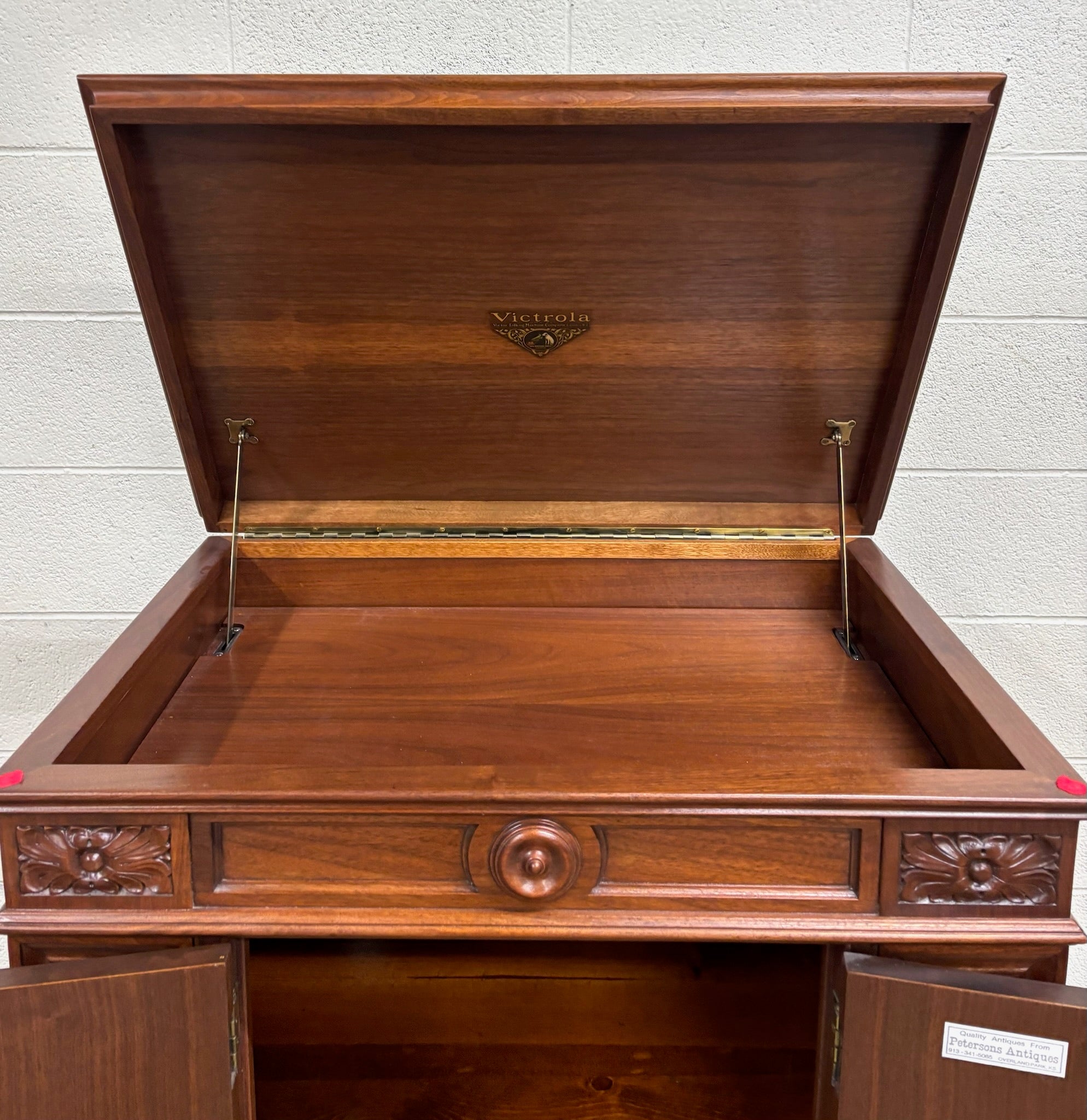 Antique Victor Victrola Orthophonic Floral Carved Walnut Credenza Cabinet
