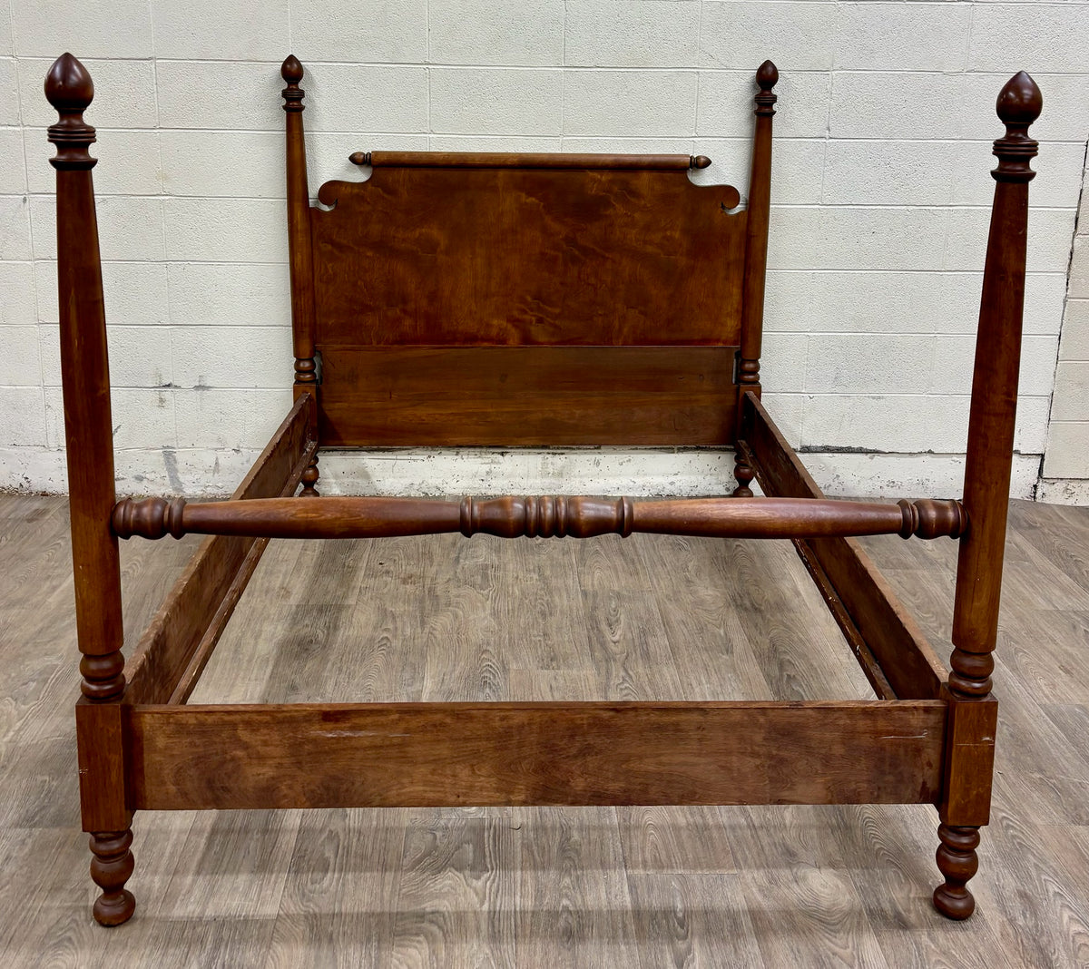 Antique Full Size American Empire Style Burl Grain Four Poster Bed