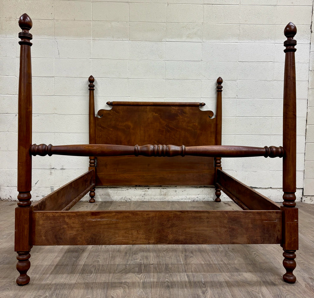 Antique Full Size American Empire Style Burl Grain Four Poster Bed