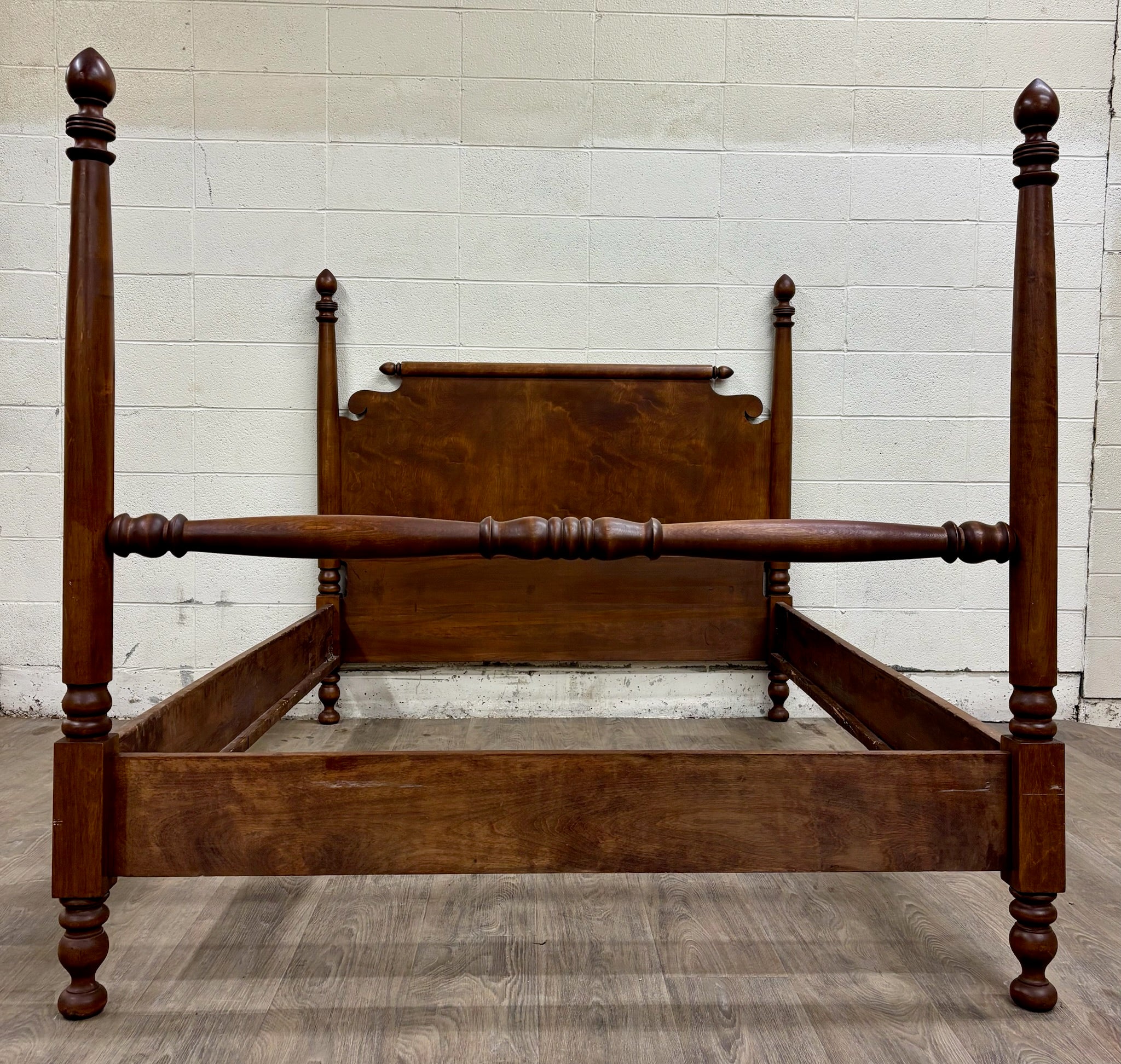 Antique Full Size American Empire Style Burl Grain Four Poster Bed