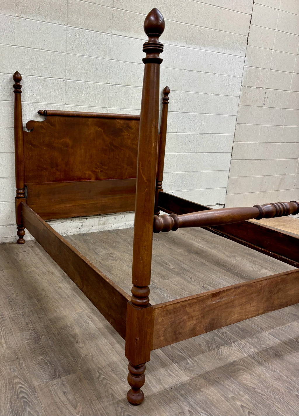 Antique Full Size American Empire Style Burl Grain Four Poster Bed