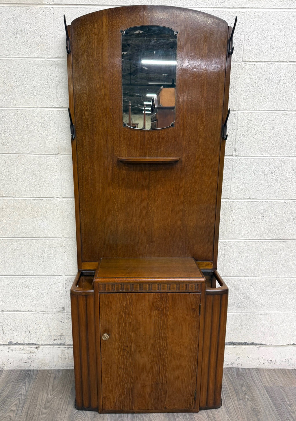 Antique Lebus Furniture English Oak Hall Tree Hall Stand with Mirror
