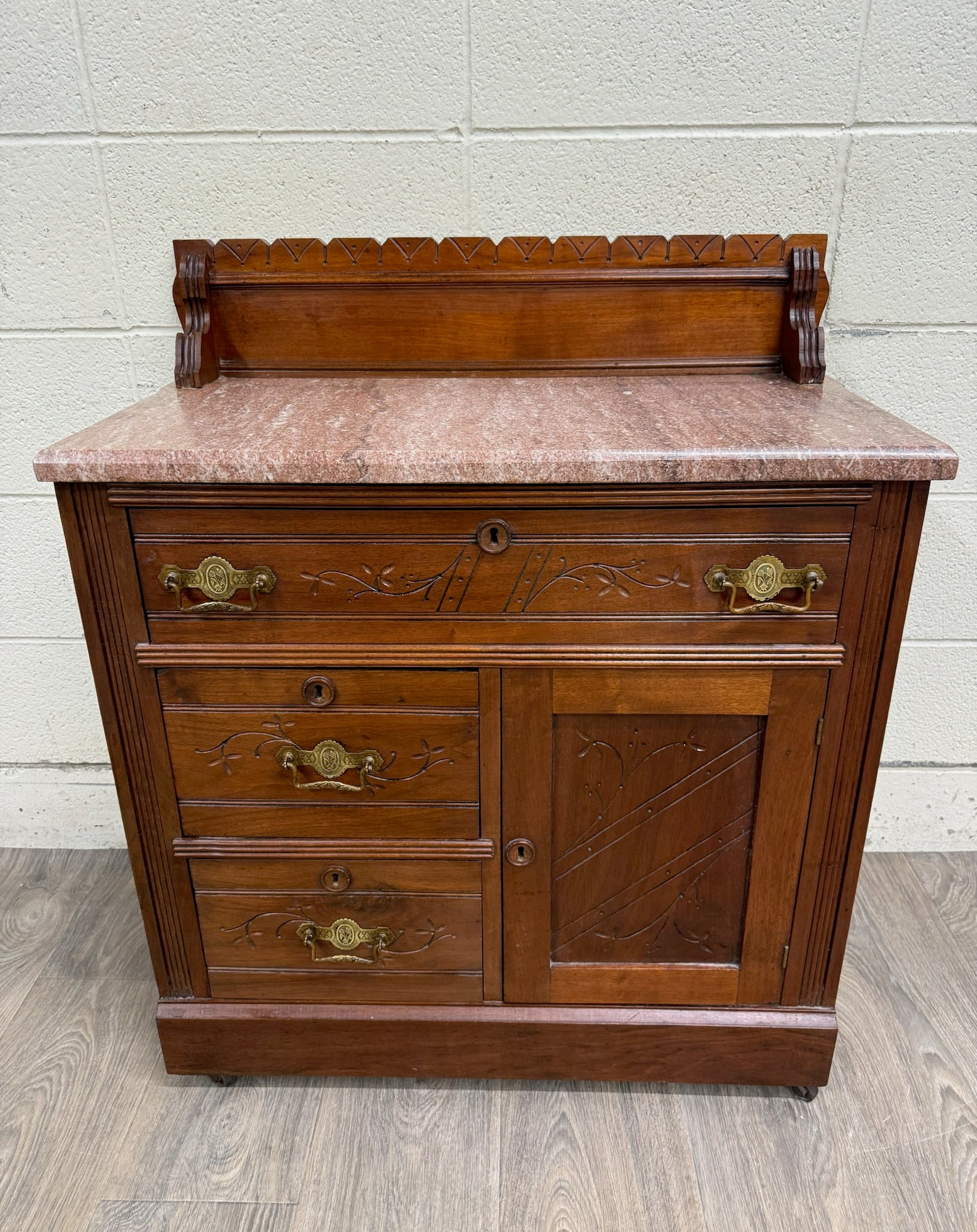 Antique Victorian Eastlake Style Walnut and Marble Top Cabinet Commode Washstand