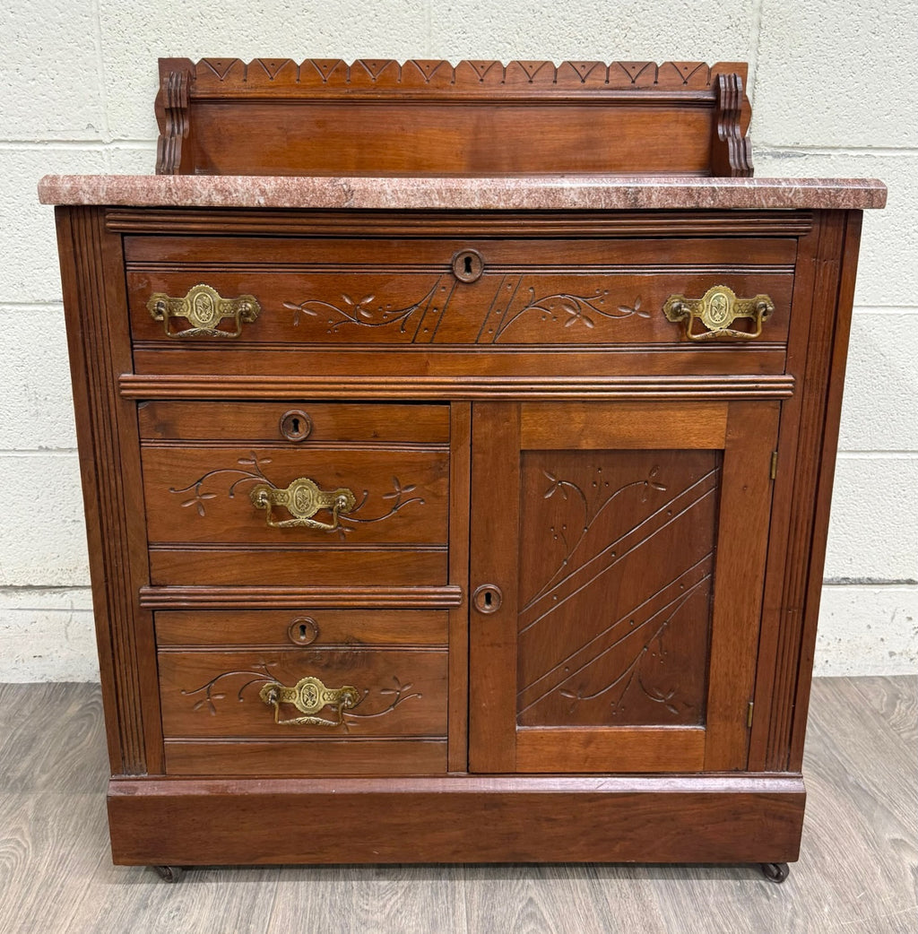 Antique Victorian Eastlake Style Walnut and Marble Top Cabinet Commode Washstand