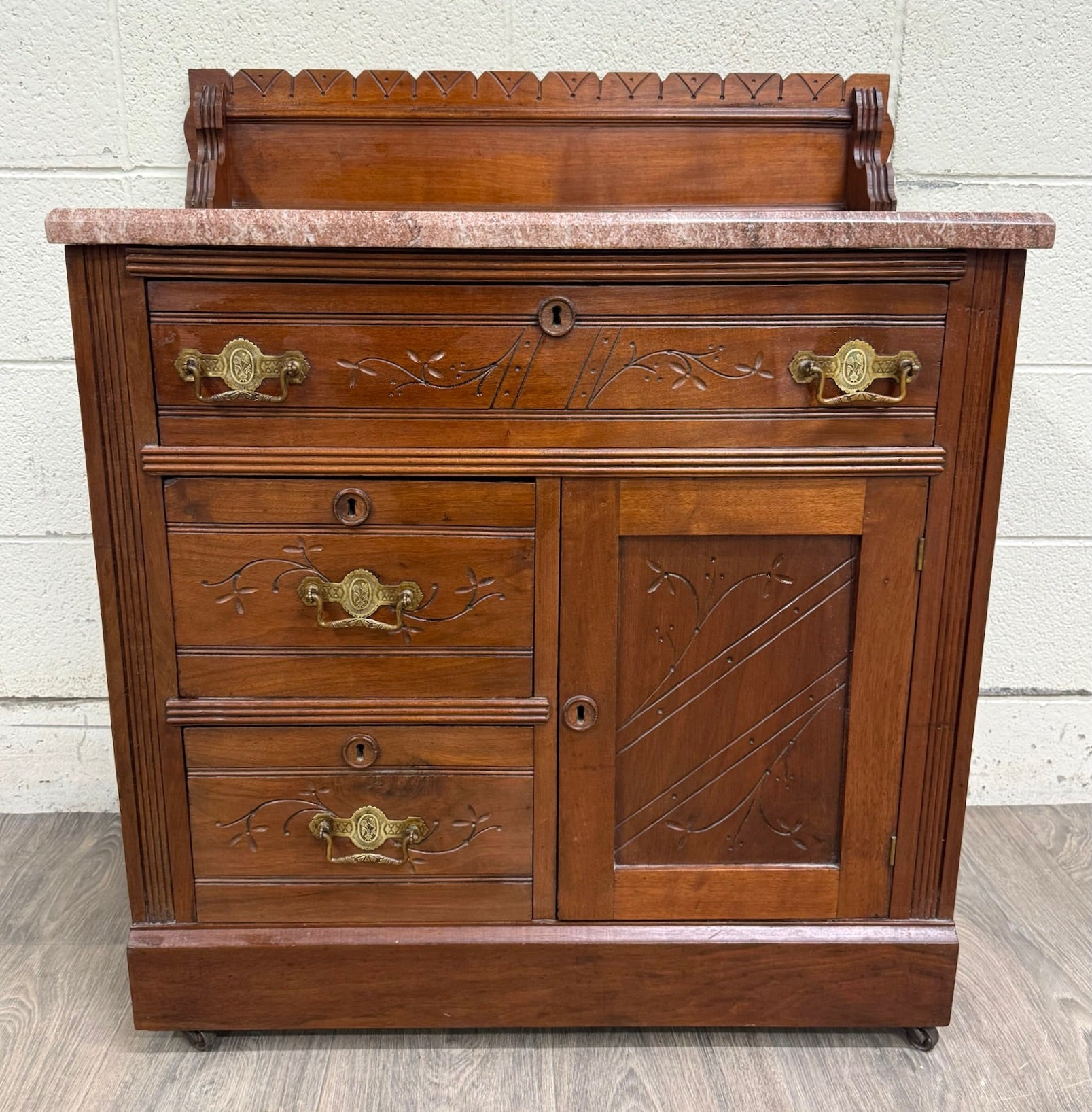 Antique Victorian Eastlake Style Walnut and Marble Top Cabinet Commode Washstand