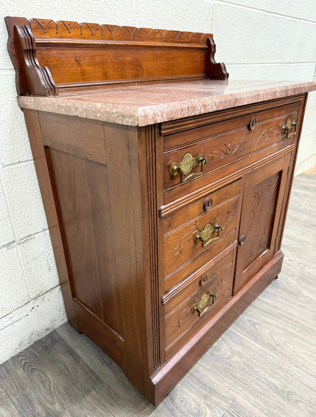 Antique Victorian Eastlake Style Walnut and Marble Top Cabinet Commode Washstand