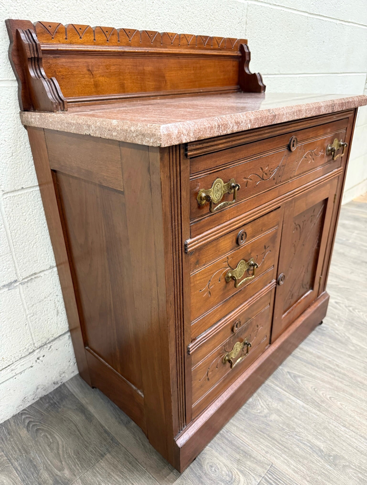 Antique Victorian Eastlake Style Walnut and Marble Top Cabinet Commode Washstand
