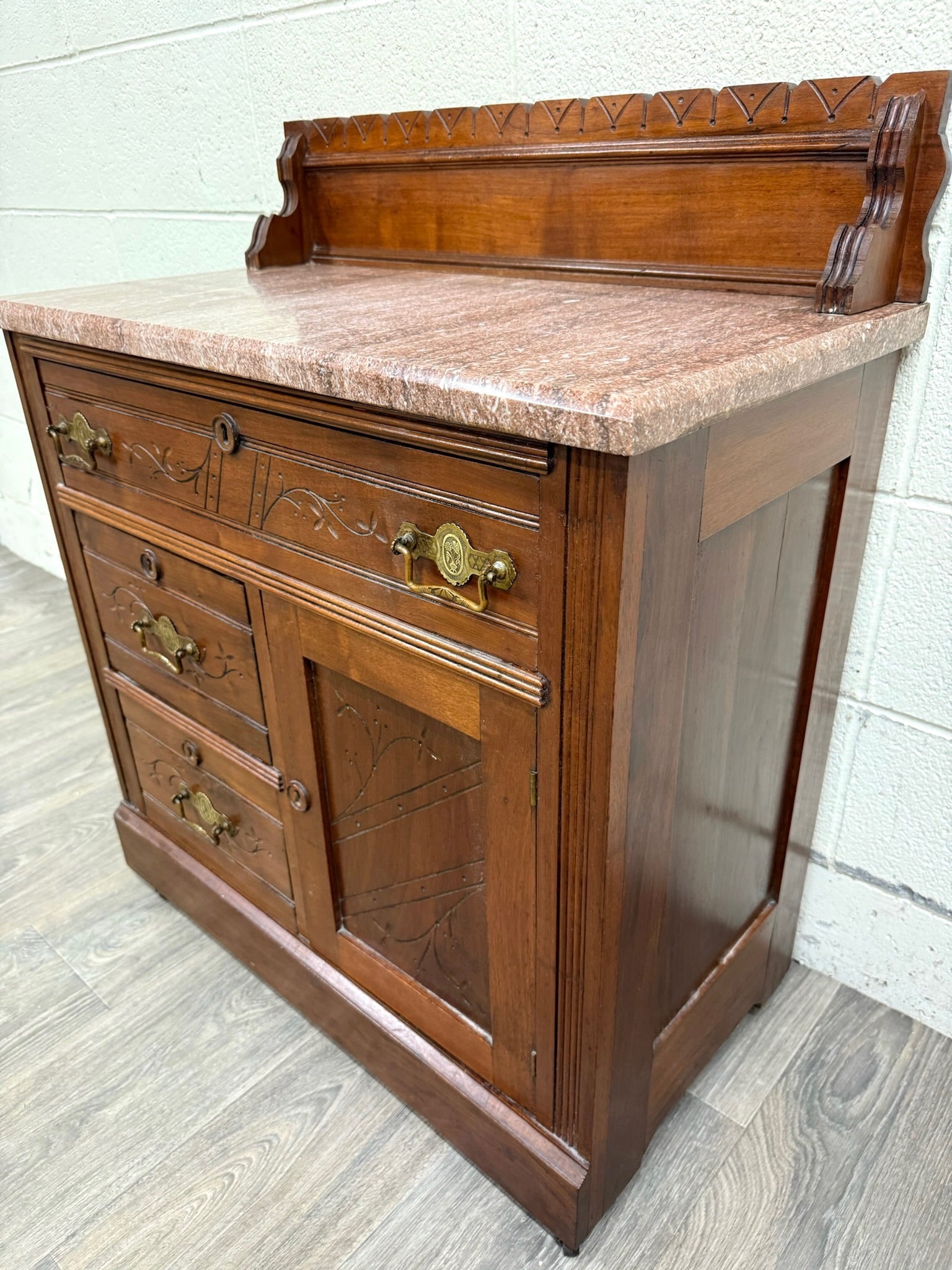 Antique Victorian Eastlake Style Walnut and Marble Top Cabinet Commode Washstand