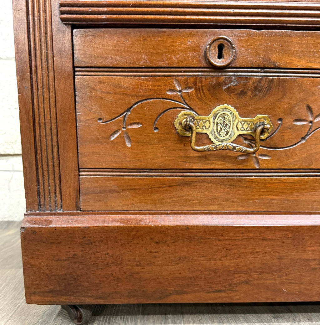 Antique Victorian Eastlake Style Walnut and Marble Top Cabinet Commode Washstand
