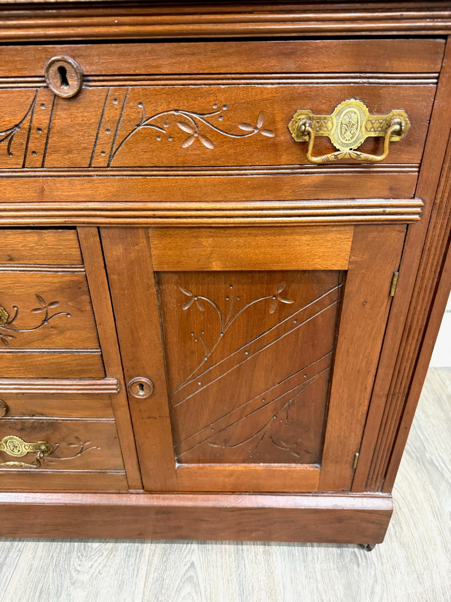 Antique Victorian Eastlake Style Walnut and Marble Top Cabinet Commode Washstand