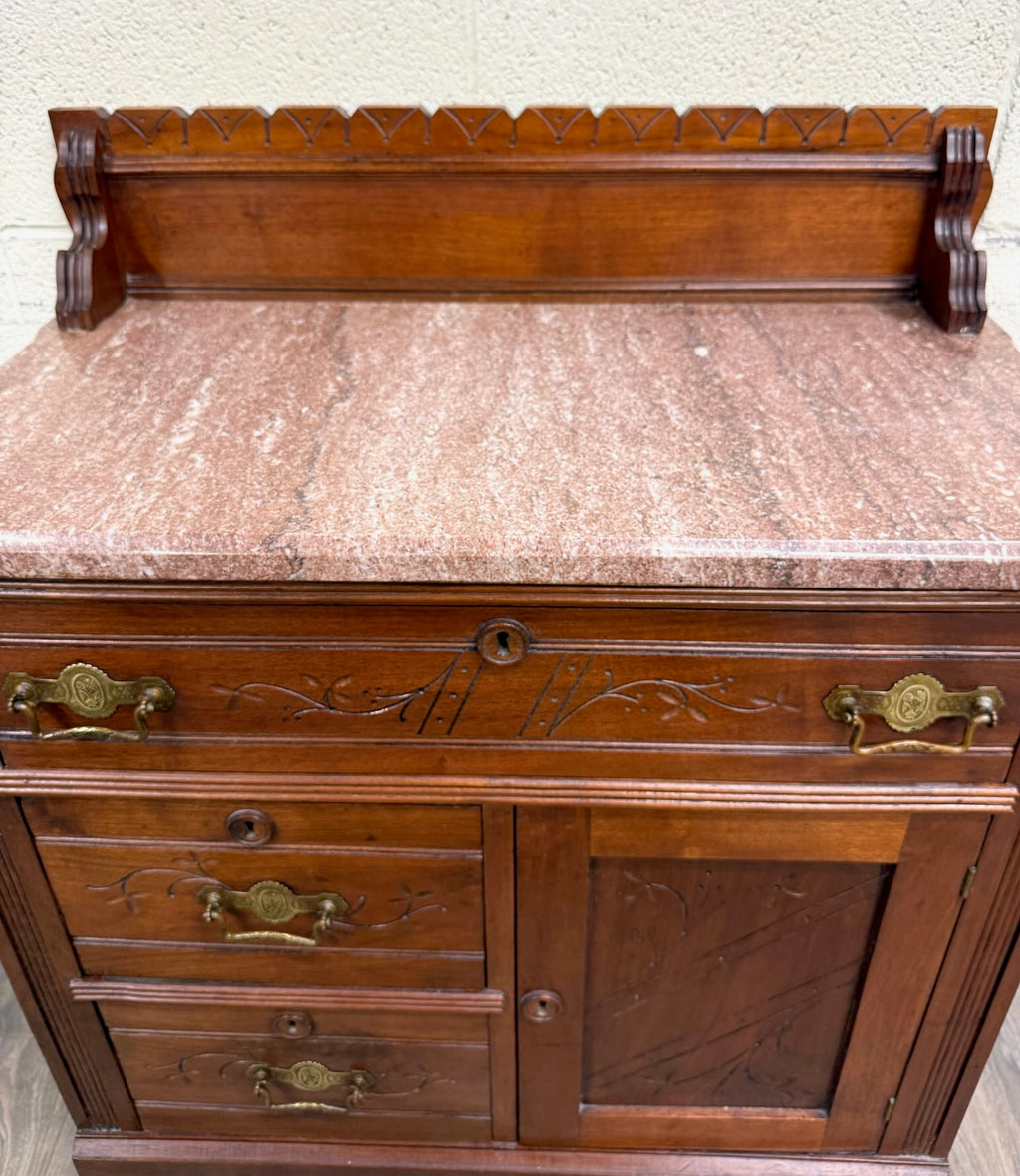Antique Victorian Eastlake Style Walnut and Marble Top Cabinet Commode Washstand