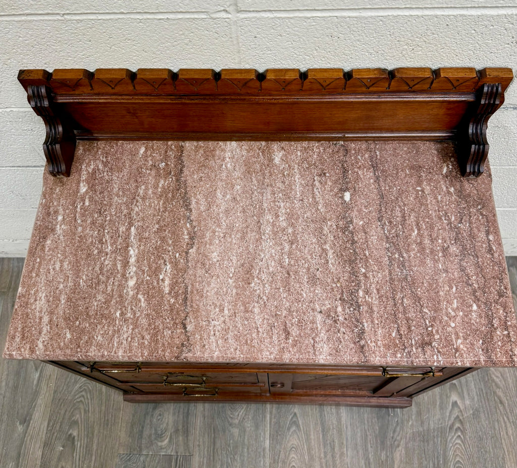 Antique Victorian Eastlake Style Walnut and Marble Top Cabinet Commode Washstand