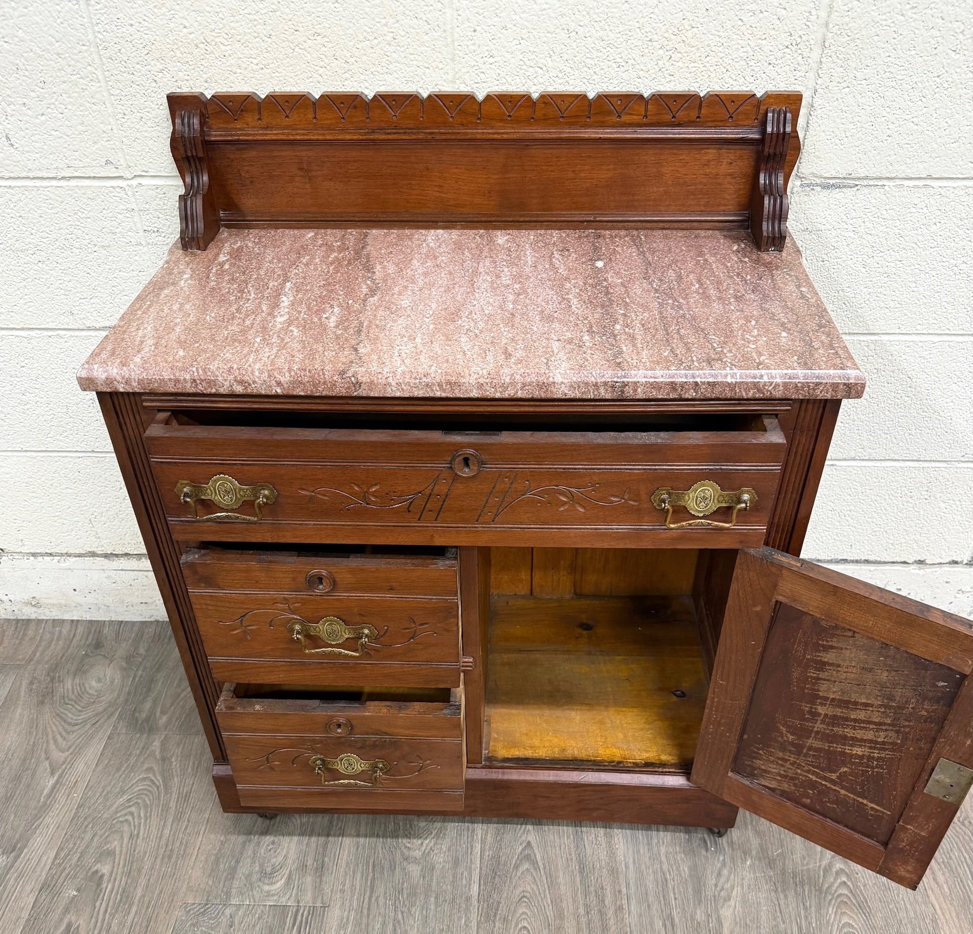 Antique Victorian Eastlake Style Walnut and Marble Top Cabinet Commode Washstand