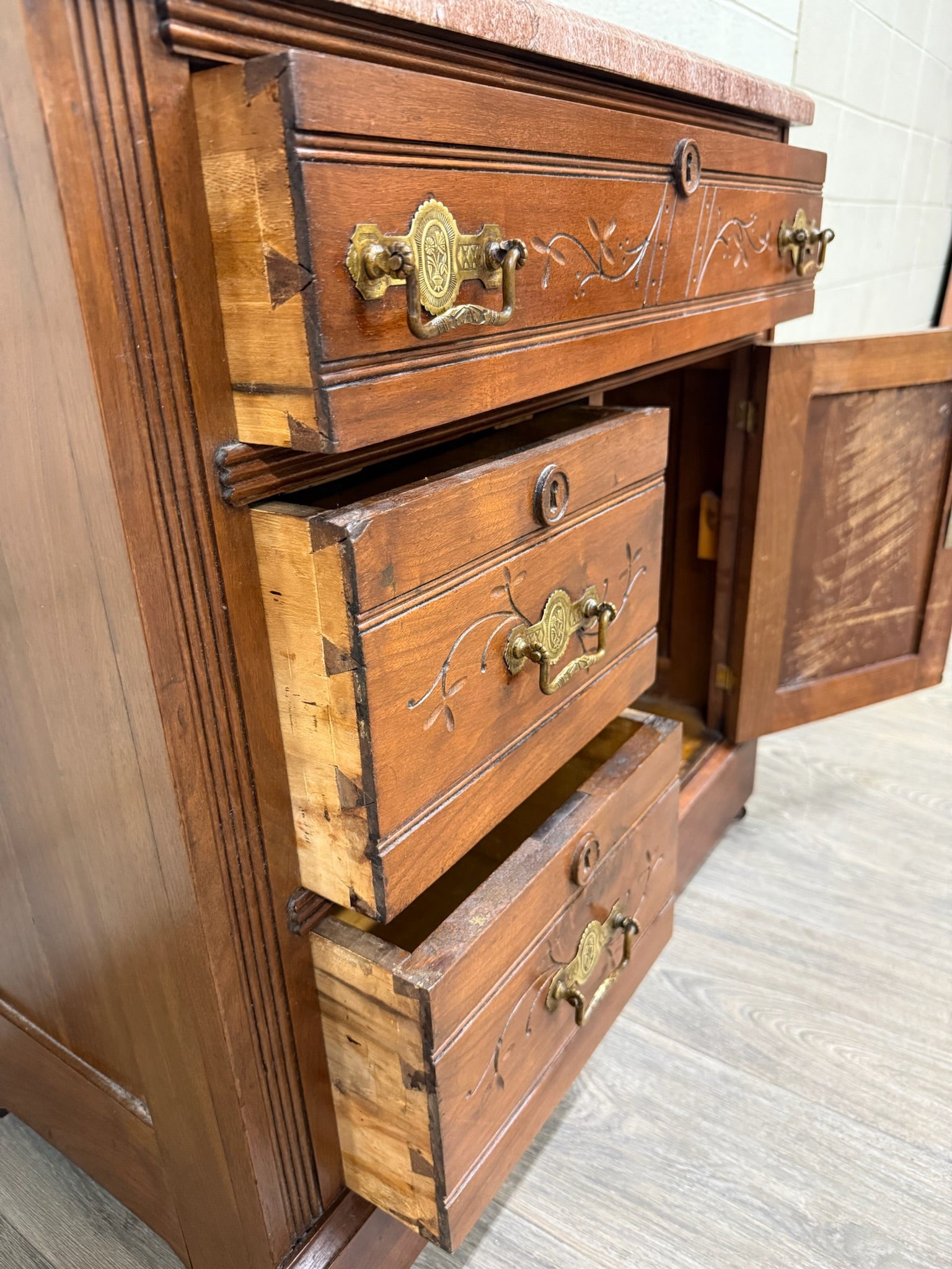 Antique Victorian Eastlake Style Walnut and Marble Top Cabinet Commode Washstand