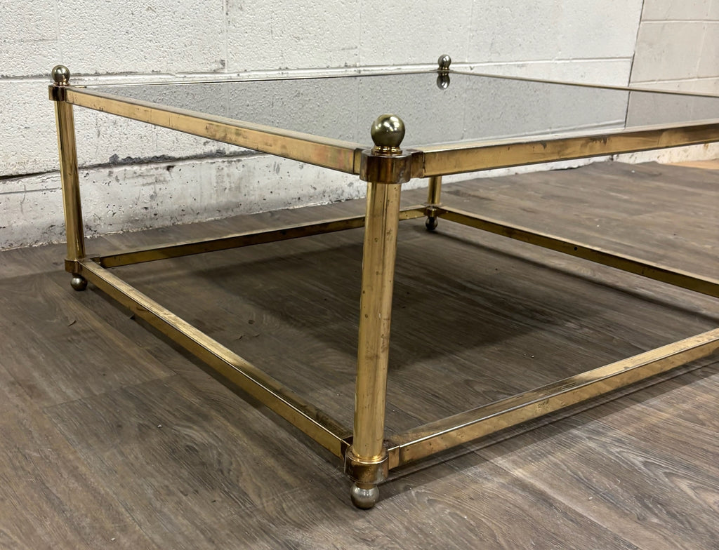 Vintage Maison Jansen Style Hollywood Regency Smoke Glass Top Brass Coffee Table
