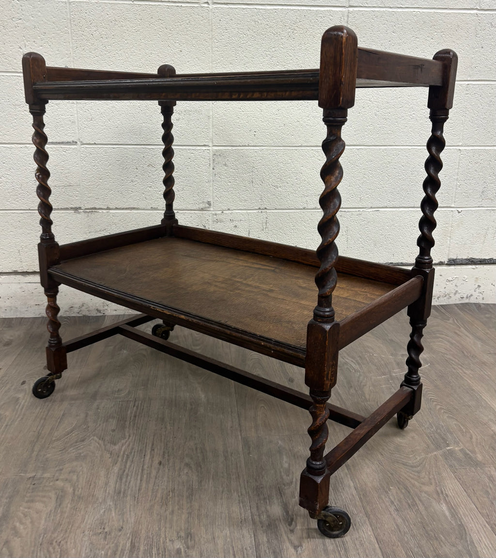 Antique English Barley Twist Oak Trolley Tea Cart Dumbwaiter