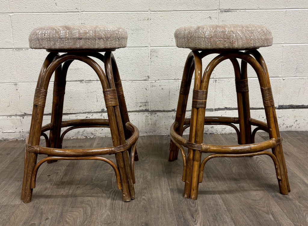 Vintage Rattan and Bentwood Backless Swivel Bar Stools - Pair