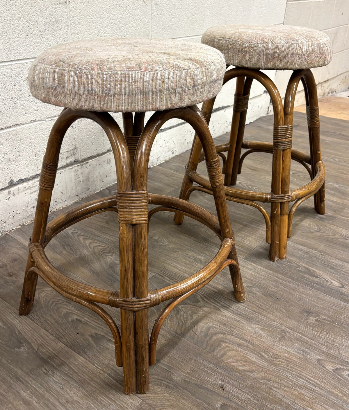 Vintage Rattan and Bentwood Backless Swivel Bar Stools - Pair