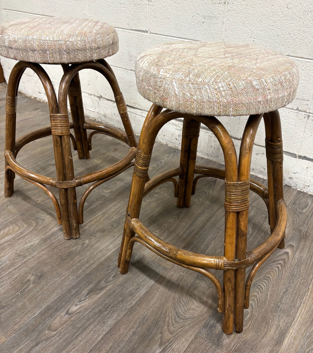 Vintage Rattan and Bentwood Backless Swivel Bar Stools - Pair