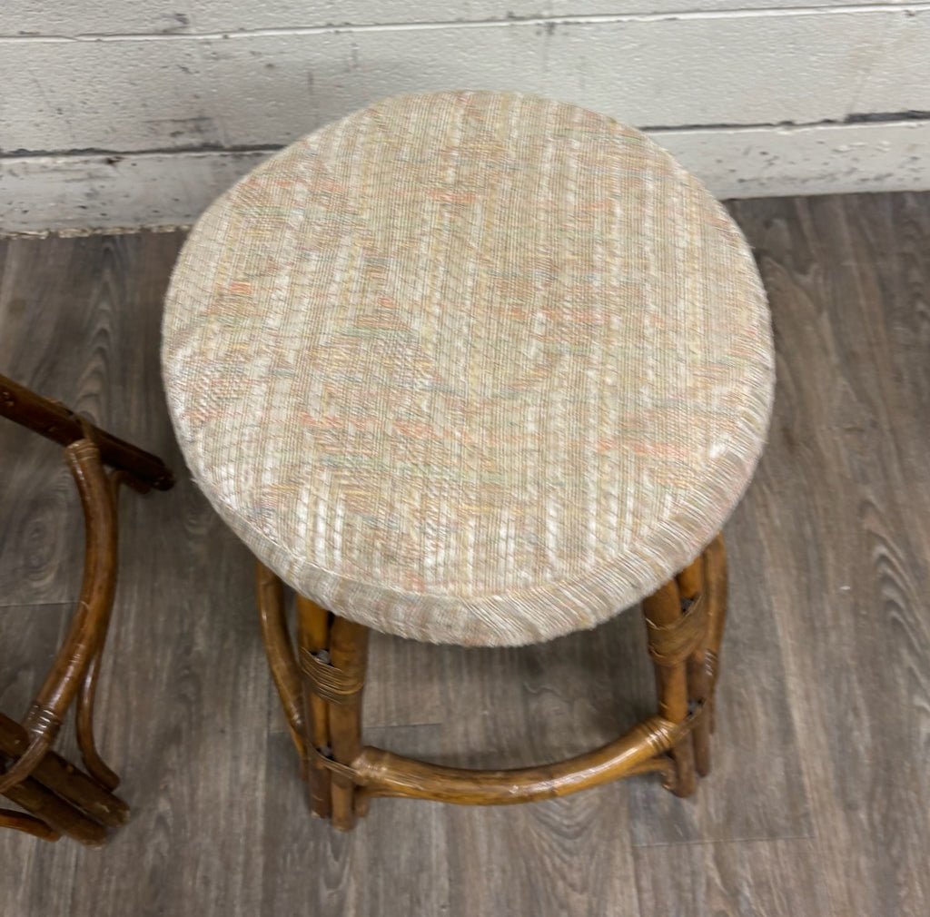 Vintage Rattan and Bentwood Backless Swivel Bar Stools - Pair