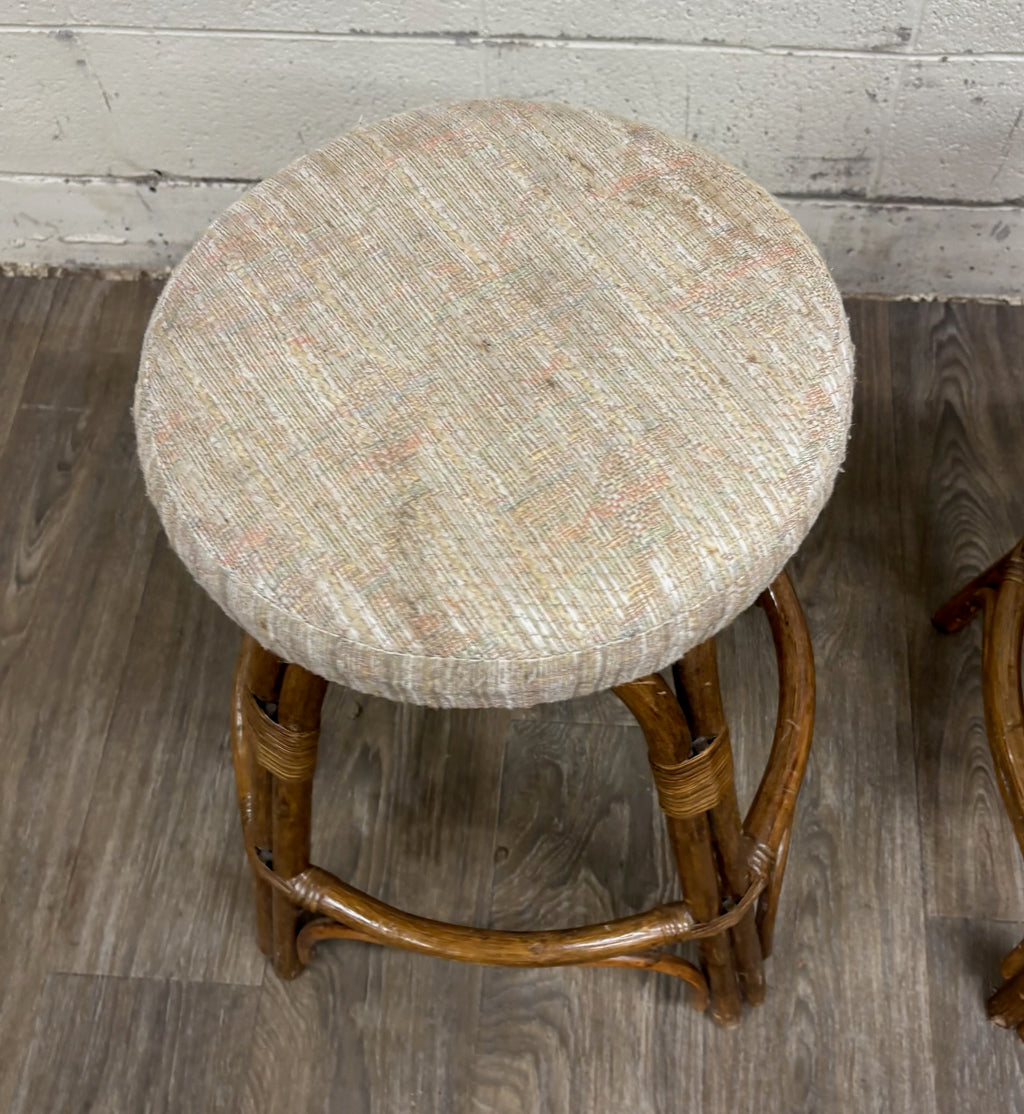 Vintage Rattan and Bentwood Backless Swivel Bar Stools - Pair