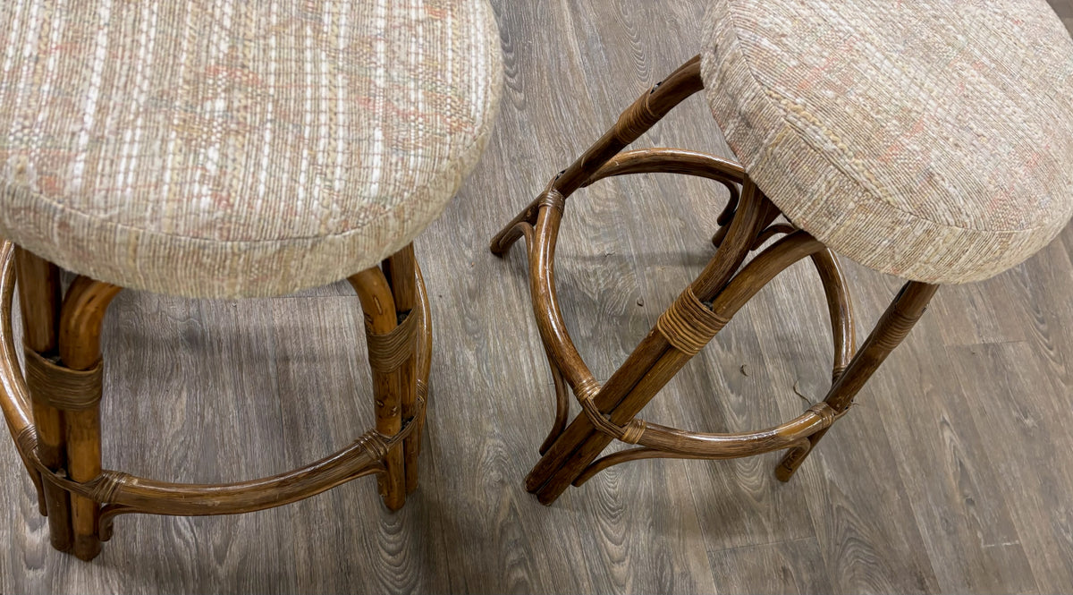 Vintage Rattan and Bentwood Backless Swivel Bar Stools - Pair