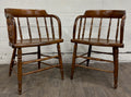 Antique 19th Century Primitive Oak Barrel Back Pub Chairs Captain’s Arm Chairs
