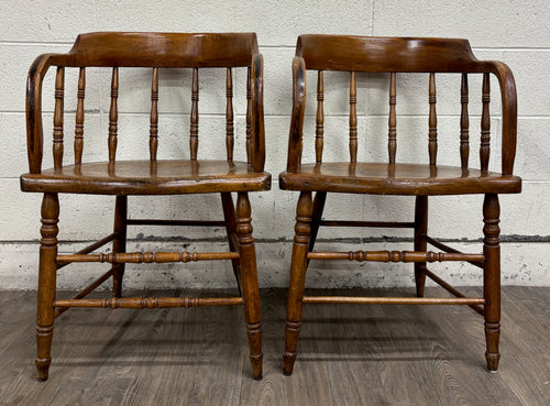Antique 19th Century Primitive Oak Barrel Back Pub Chairs Captain’s Arm Chairs