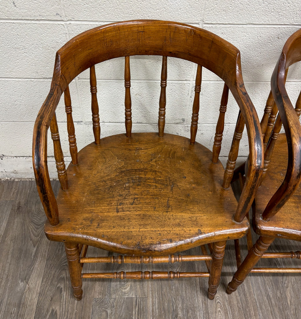 Antique 19th Century Primitive Oak Barrel Back Pub Chairs Captain’s Arm Chairs