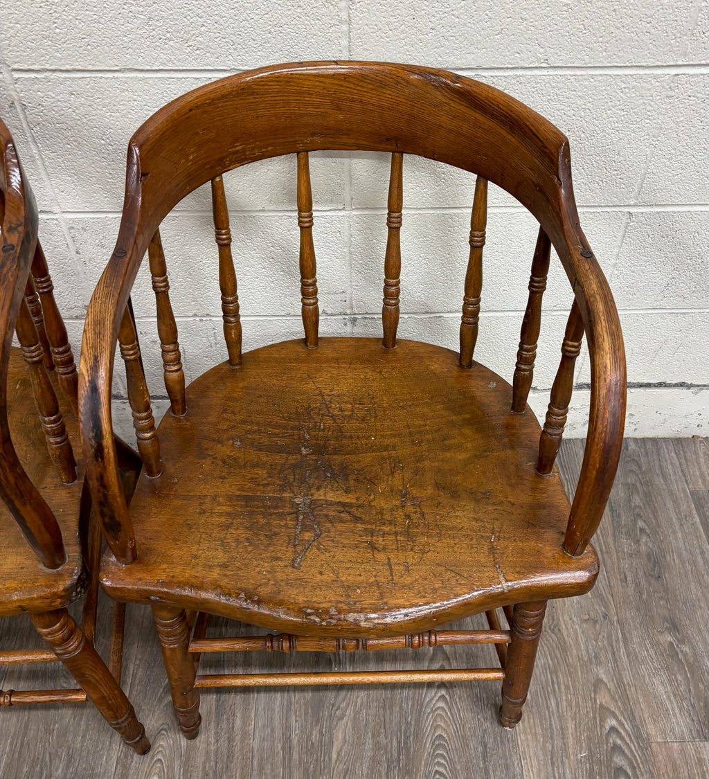 Antique 19th Century Primitive Oak Barrel Back Pub Chairs Captain’s Arm Chairs