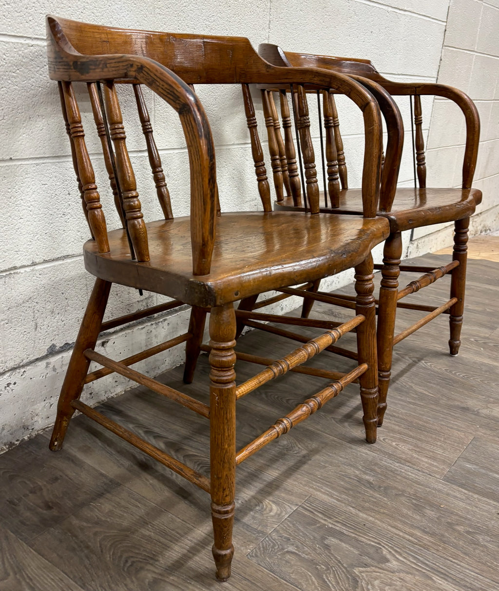 Antique 19th Century Primitive Oak Barrel Back Pub Chairs Captain’s Arm Chairs