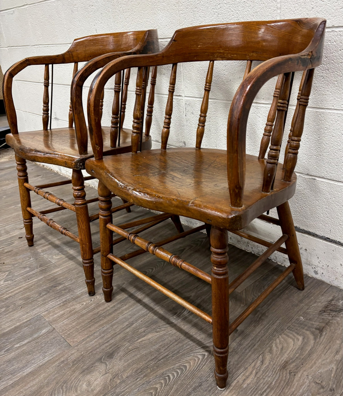 Antique 19th Century Primitive Oak Barrel Back Pub Chairs Captain’s Arm Chairs