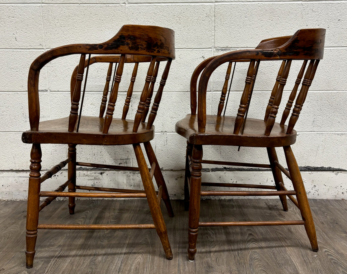 Antique 19th Century Primitive Oak Barrel Back Pub Chairs Captain’s Arm Chairs