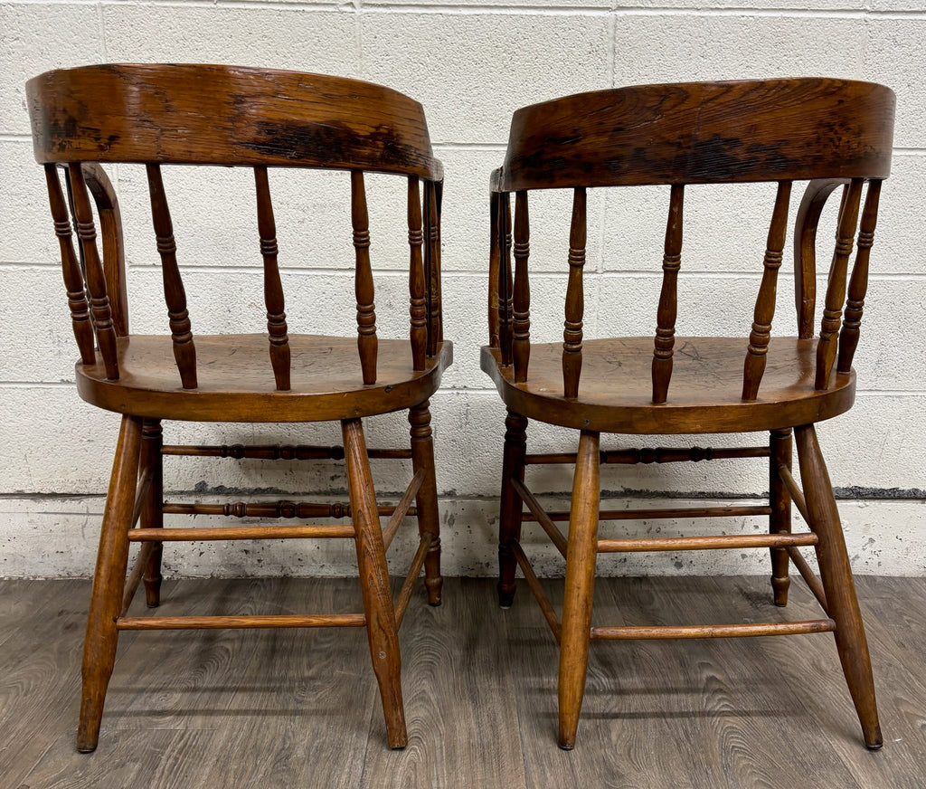 Antique 19th Century Primitive Oak Barrel Back Pub Chairs Captain’s Arm Chairs