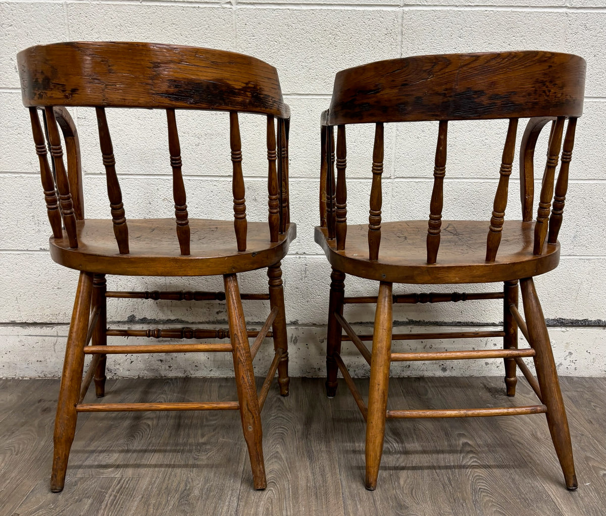 Antique 19th Century Primitive Oak Barrel Back Pub Chairs Captain’s Arm Chairs