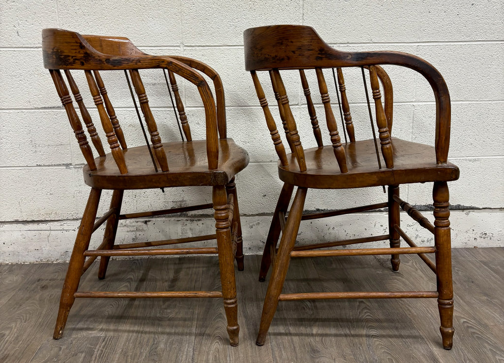 Antique 19th Century Primitive Oak Barrel Back Pub Chairs Captain’s Arm Chairs