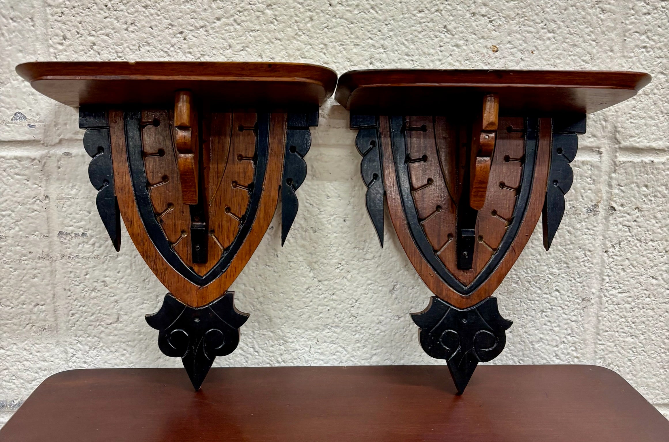 Antique Arts and Crafts Gothic Revival Exposed Peg Wall Brackets - Pair