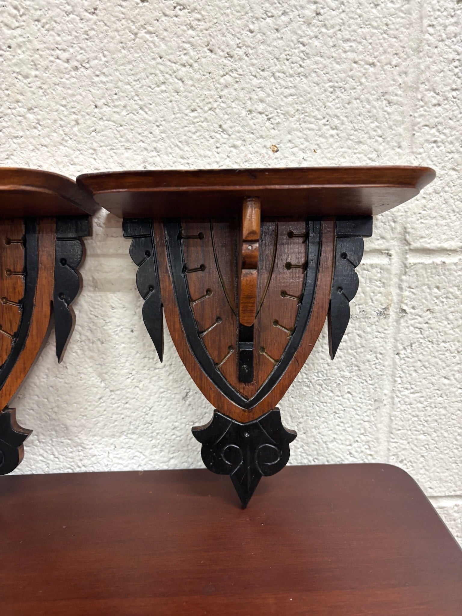 Antique Arts and Crafts Gothic Revival Exposed Peg Wall Brackets - Pair