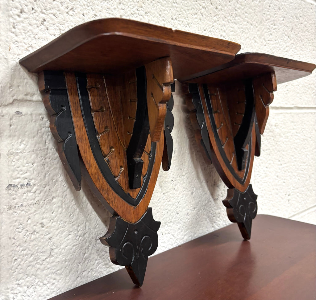 Antique Arts and Crafts Gothic Revival Exposed Peg Wall Brackets - Pair